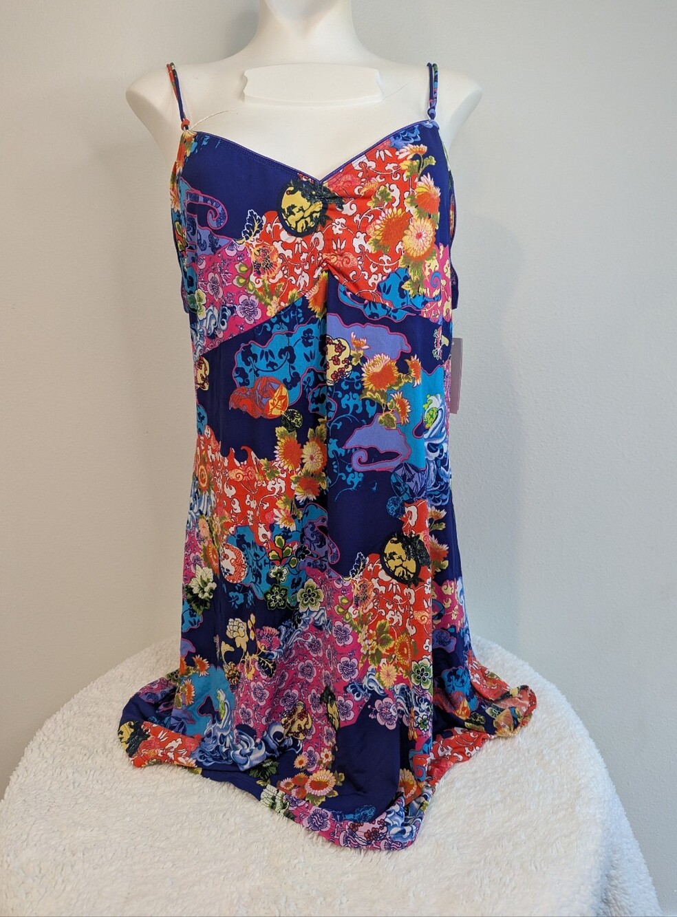 Josie Natori Floral Print Camisole Spaghetti Strap Slip Top Navy Multi Color XL